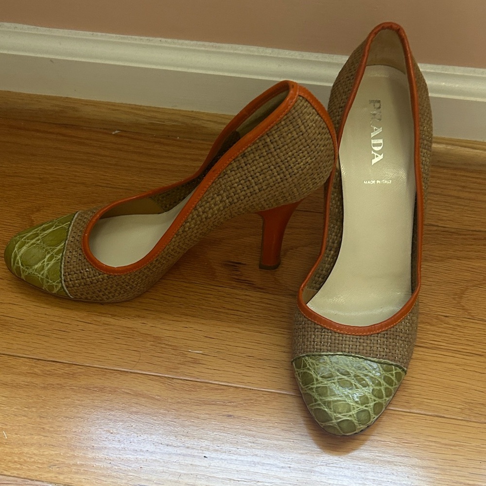 Prada Women's Olive and Tan Heels